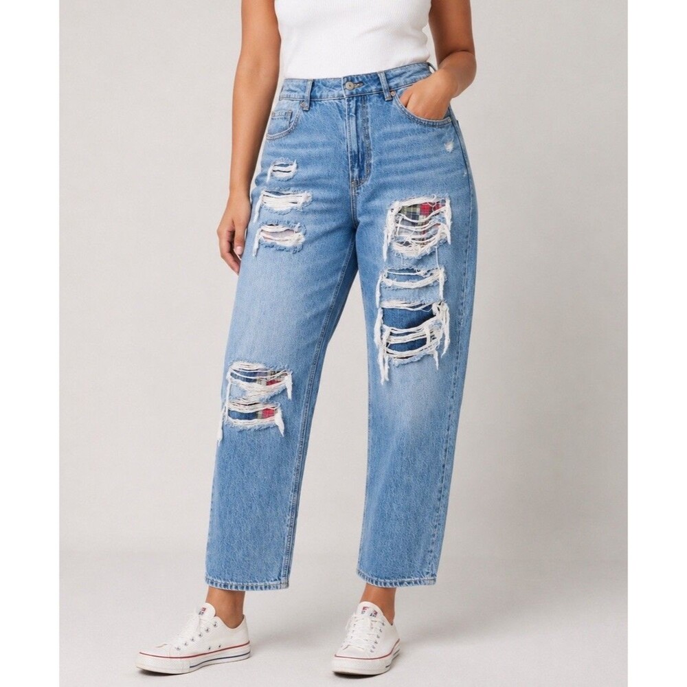 American Eagle Mom Straight Leg Women’s Sz 16 High-Rise Plaid Distressed Jeans